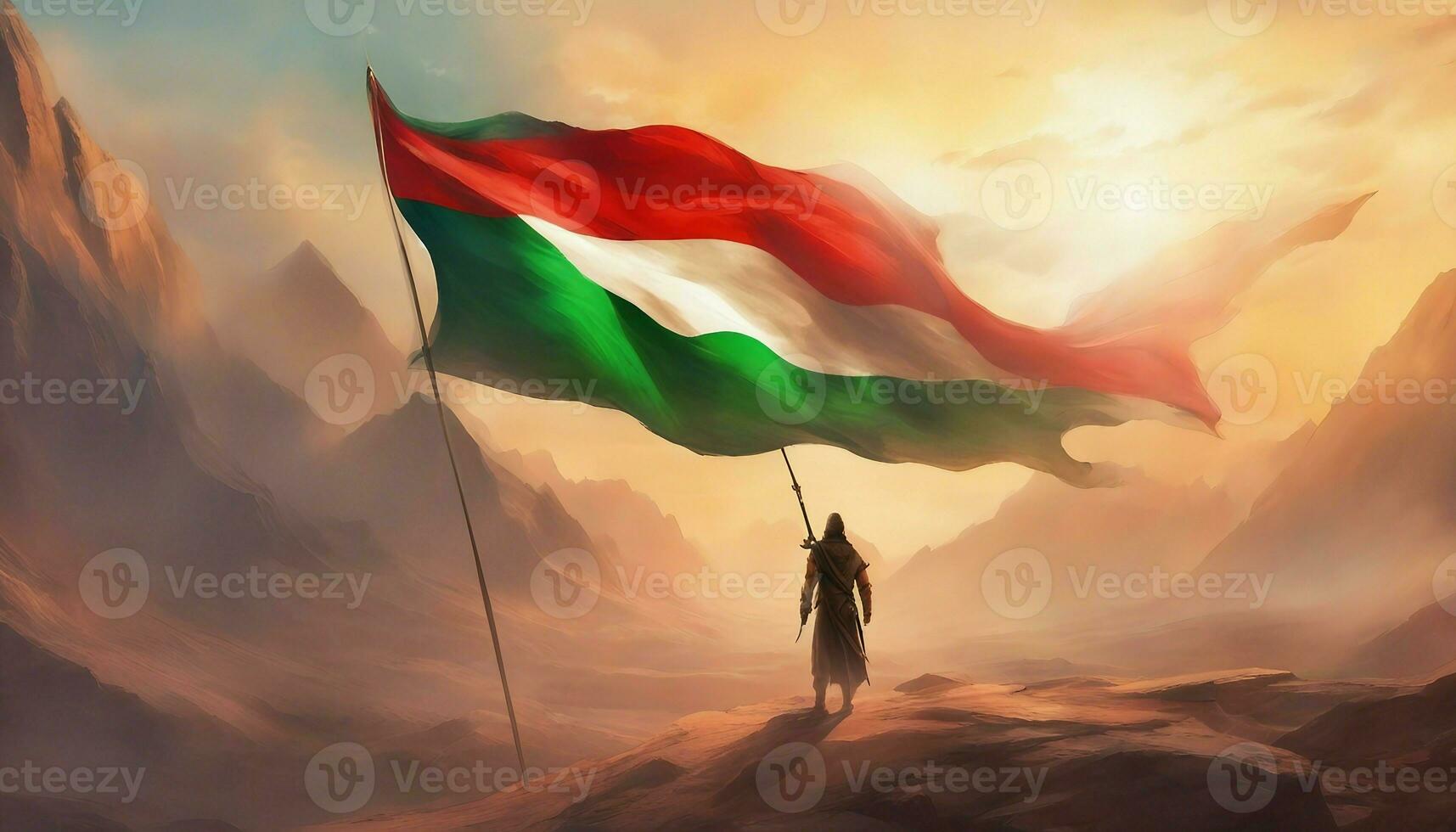A man holds a Palestinian flag in front of a Al Aqsa Mosque. Superhero or Warrior wearing a Palestine Flag to save the Gaza. photo