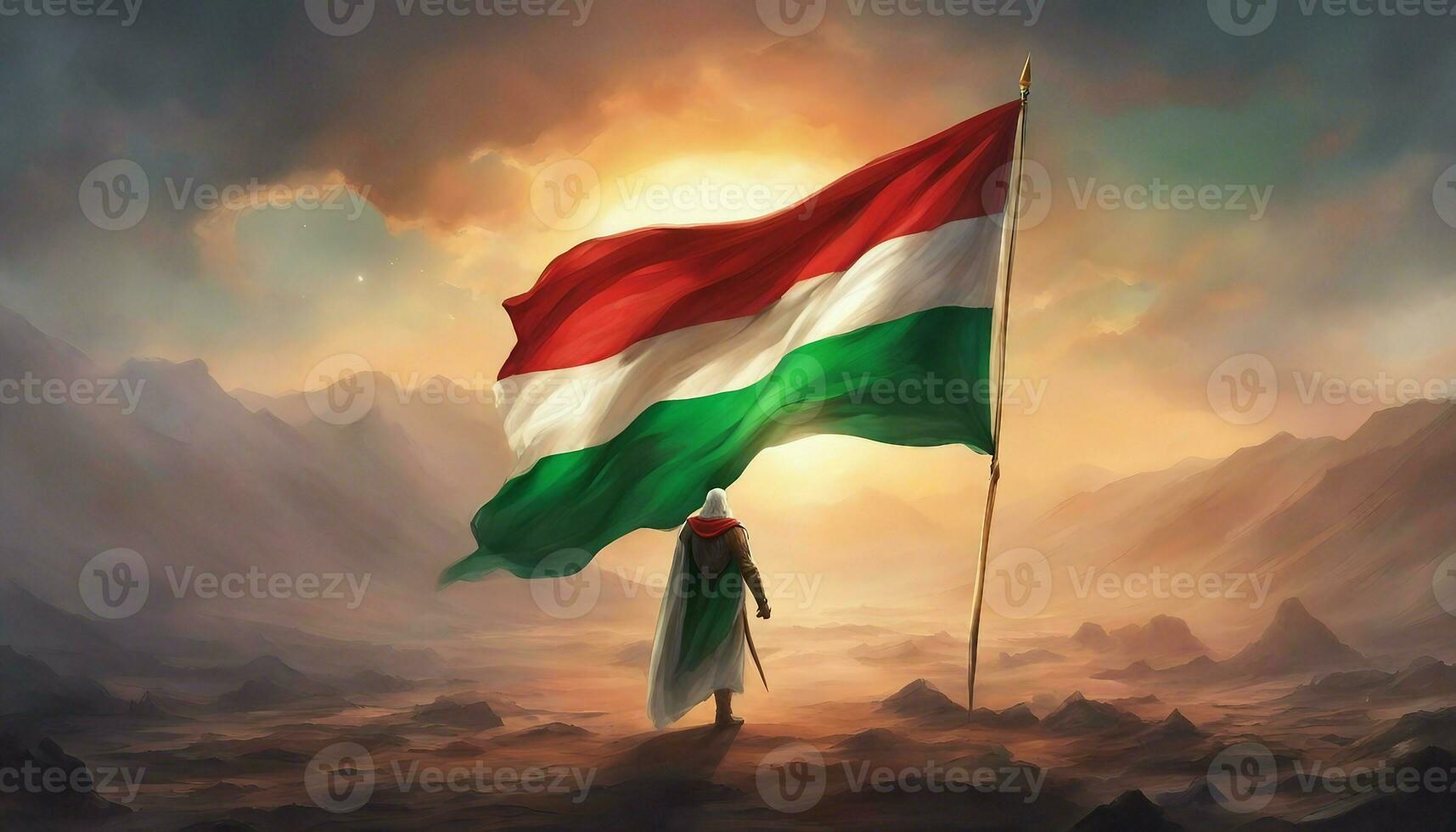 A man holds a Palestinian flag in front of a Al Aqsa Mosque. Superhero or Warrior wearing a Palestine Flag to save the Gaza. photo