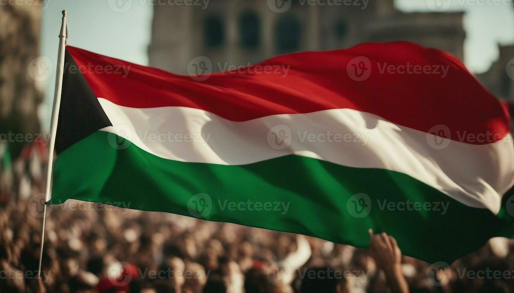 Protestors wave Palestinian flags in the air at a solidarity protest demanding an end to Israeli apartheid and thence cleansing in occupied Palestine. photo