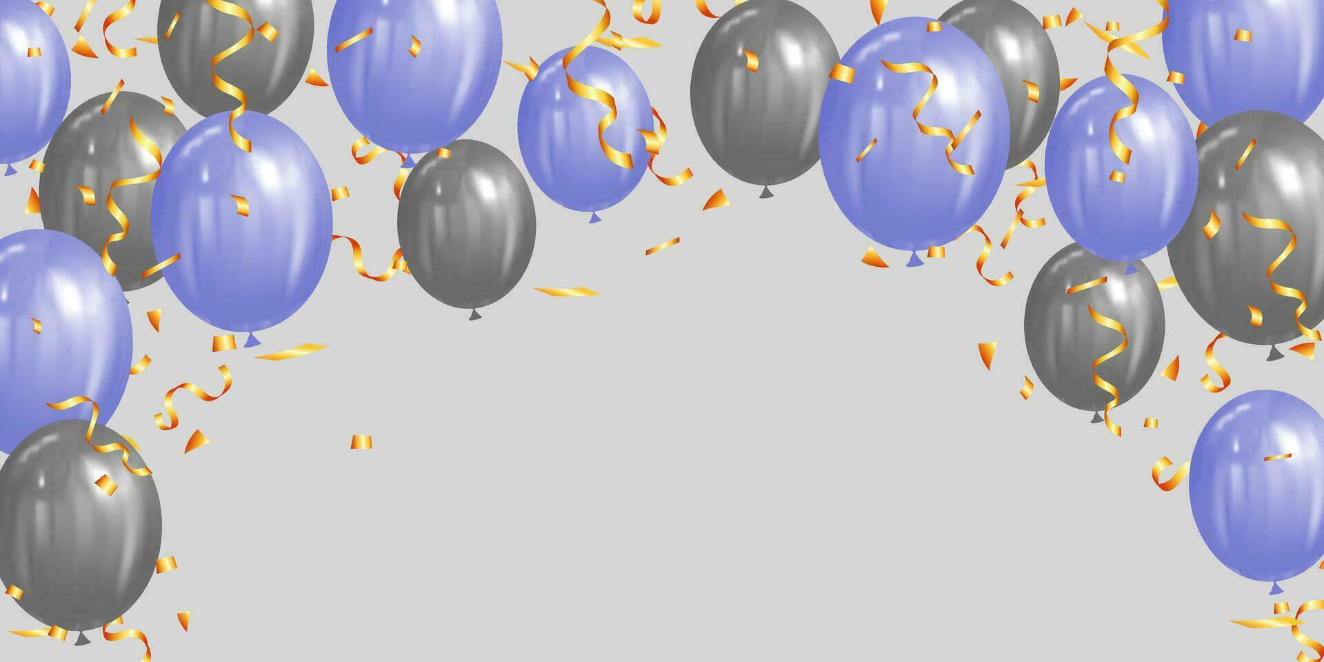 Vector illustration of purple and silver balloons with ribbons and confetti on grey background