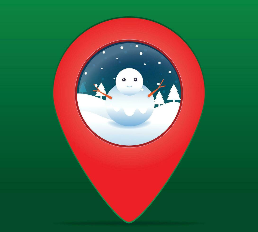 Christmas, New year and snow man in Red pin marker on green color background, travel and giving concept navigation on holiday and festival. vector