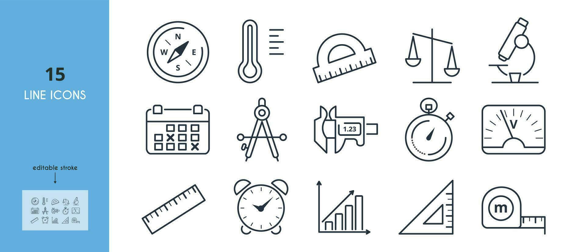 Measuring instruments line icon set. Graph, compass, thermometer, voltmeter, caliper, scales, protractor vector illustrations. Editable stroke.