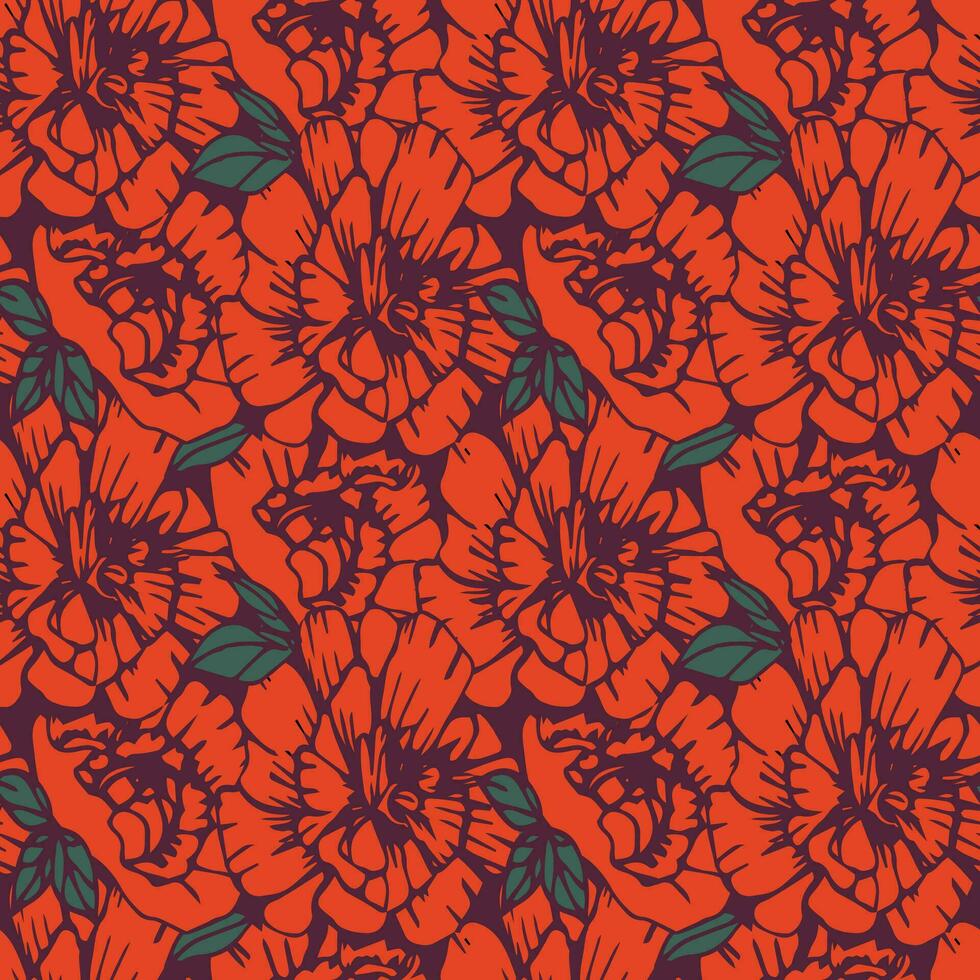 Large red carnation flowers seamless pattern. Vector floral endless ornament.