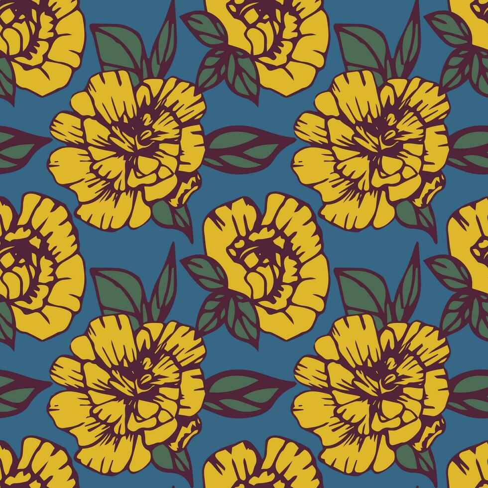 Yellow carnation flowers on a blue background. Seamless vector floral pattern.