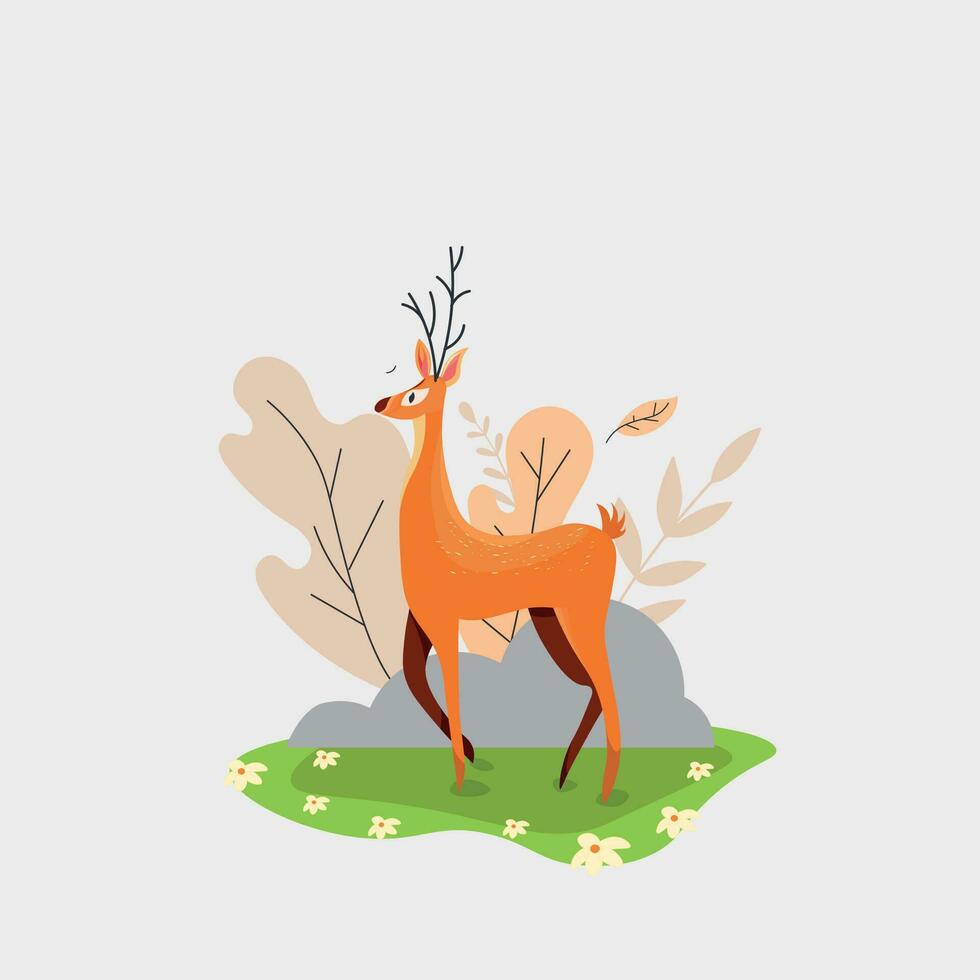 A cartoon deer is standing on a green grass and the word deer is on the white background. vector