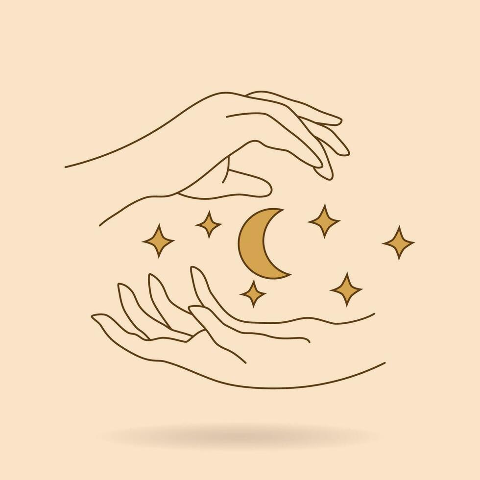 Vector illustration of woman's hand with beautiful long fingers holding crescent moon stars. Ramadan holiday icon. Witchery fortune telling astrology tarot concept. Logo element for beauty.