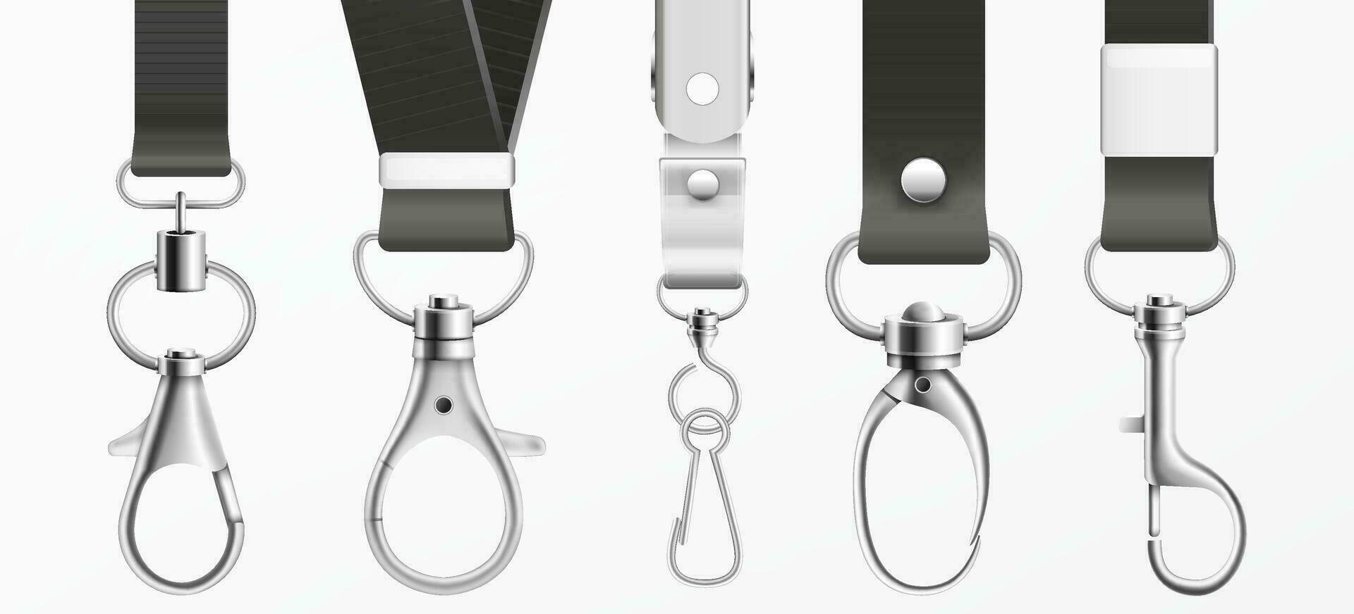 Metal claw clasp on black lanyards set vector illustration