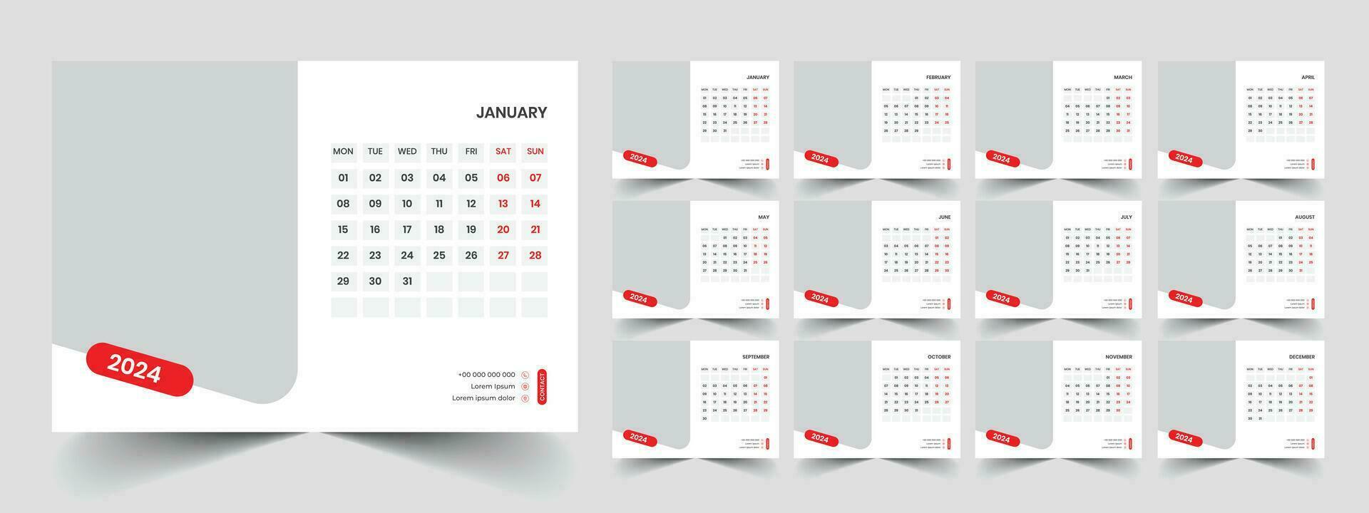 Calendar 2024 week start Monday corporate design planner template vector