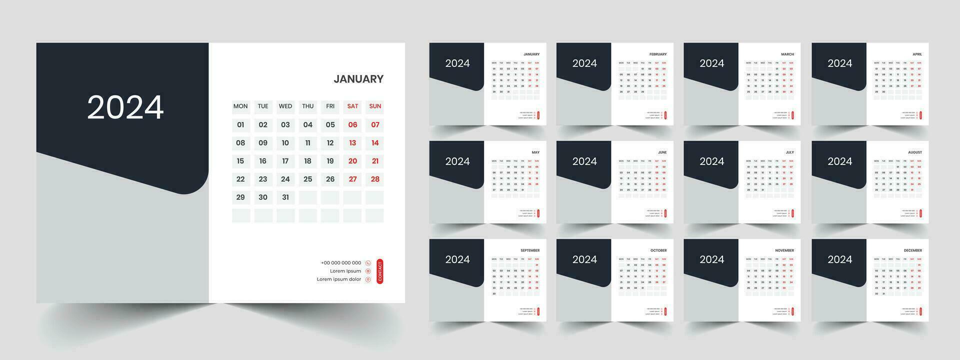 calendario 2024 semana comienzo lunes corporativo diseño planificador modelo vector