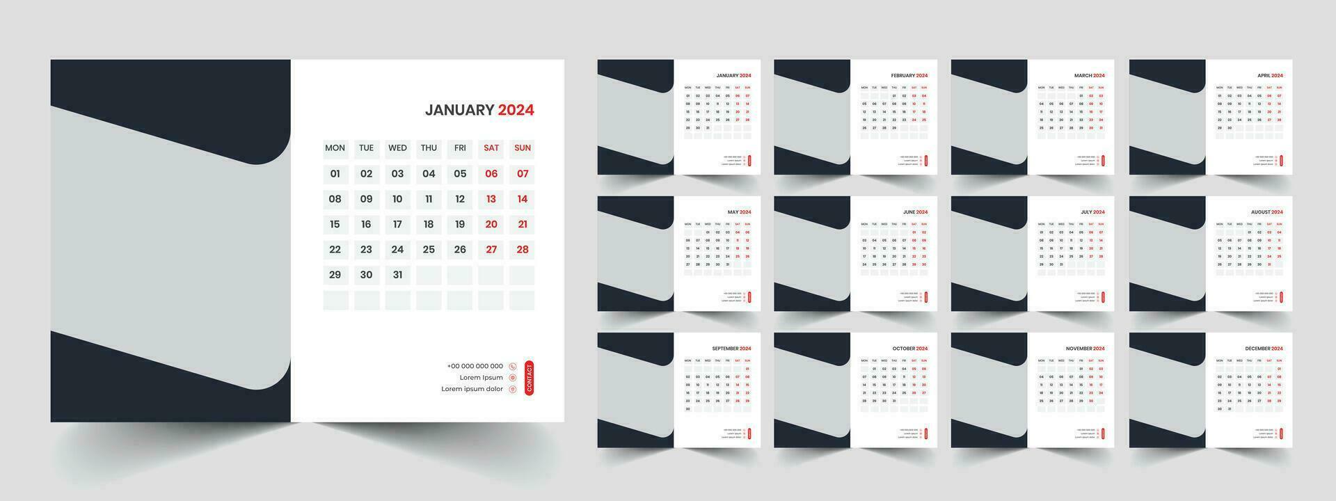 Calendar 2024 week start Monday corporate design planner template vector