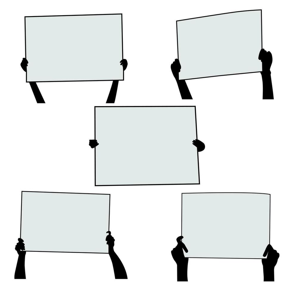 Collection of hands holding blank boards. Hand holding blank paper. Vector illustration