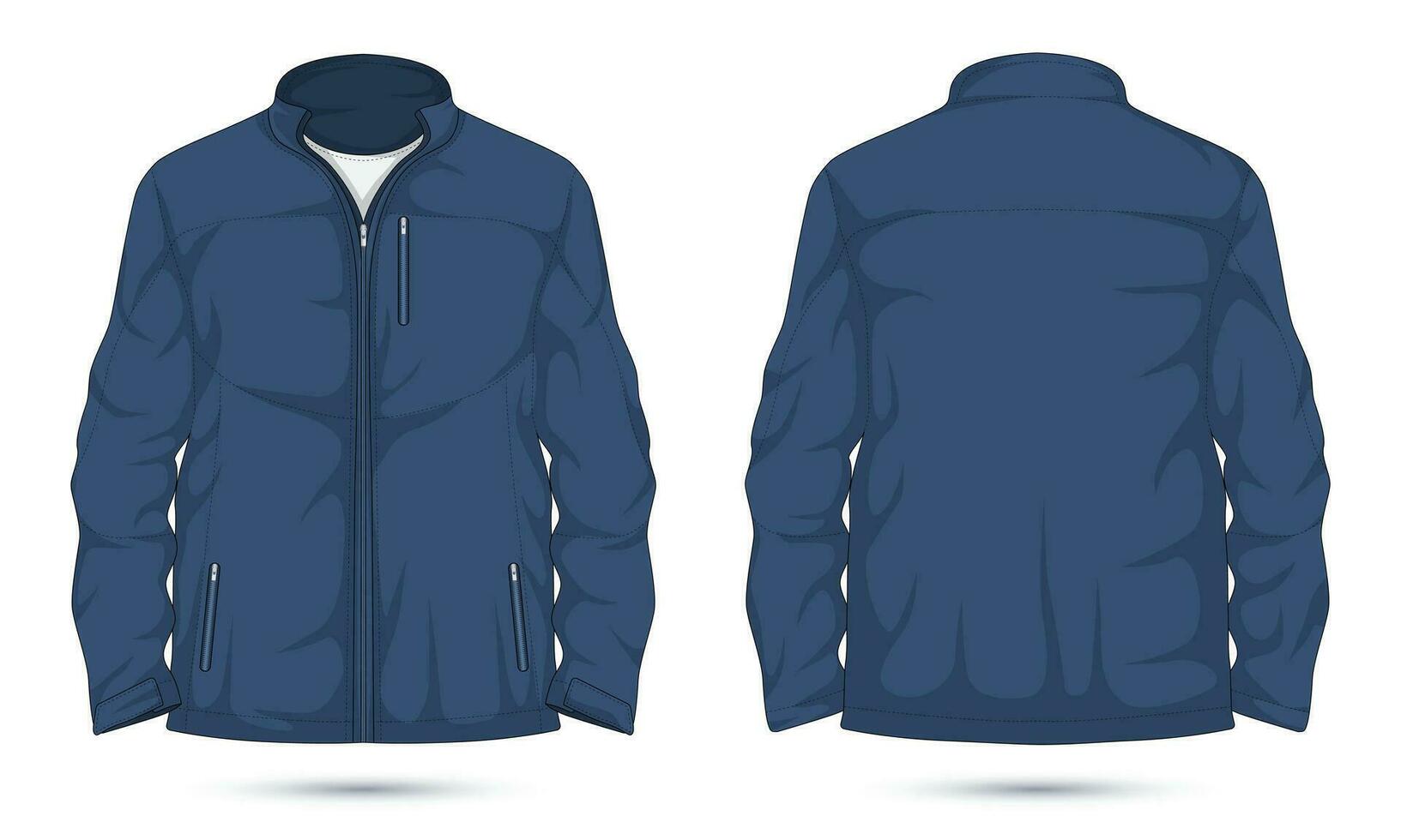 Blue bomber jacket mockup with zipper front and back view vector