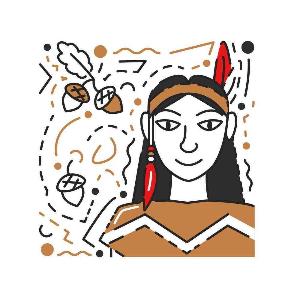 Thanksgiving icon concept design isolated on textured abstract background. Holiday drawing with female character and acorns. Cute native girl. Indigenous woman hand drawn flat vector illustration