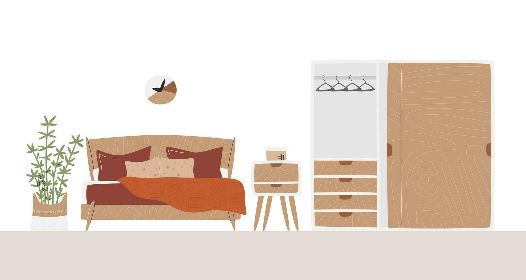 Horizontal hotel suit room scene. Minimalist bedroom with houseplant and huge wardrobe. Eco wooden textured furniture and different textile prints. Interior design hand drawn flat vector illustration
