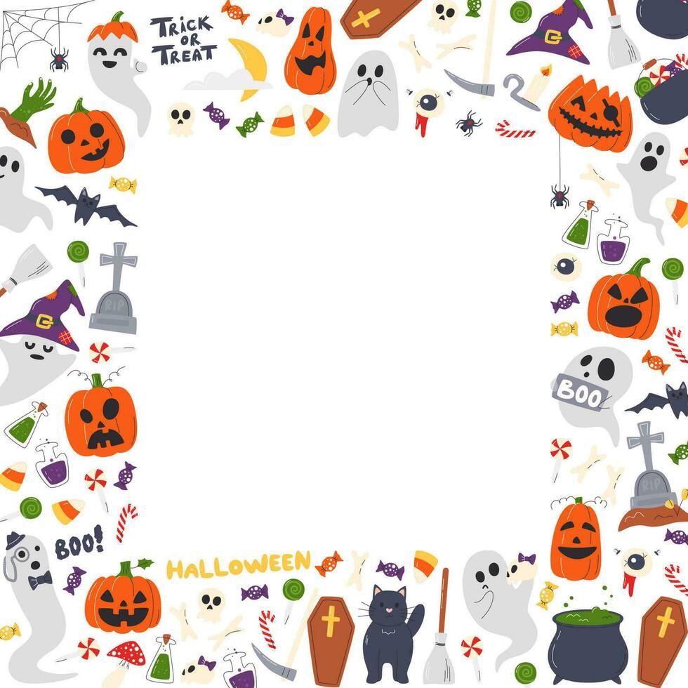 Halloween elements set isolated on white. Cute square frame template with lettering. American traditional holiday composition with copy space. Autumn creepy season hand drawn flat vector illustration