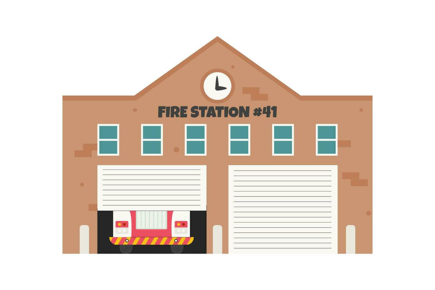 Red fire engine truck standing in garage. Emergency service vehicle inside fire station. security transport in firehouse building. Architectural hand drawn flat vector illustration isolated on white