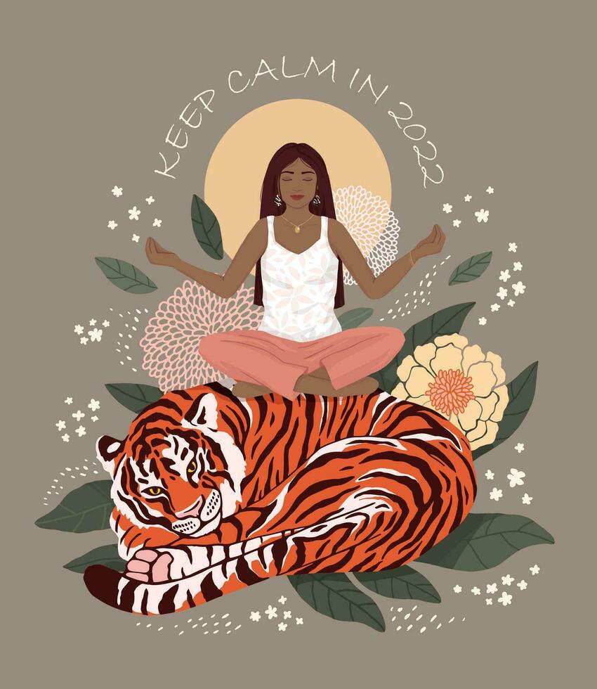 the girl practices yoga, sitting on a tiger, which lies curled up. against a background of leaves and flowers. vector modern flat illustration.