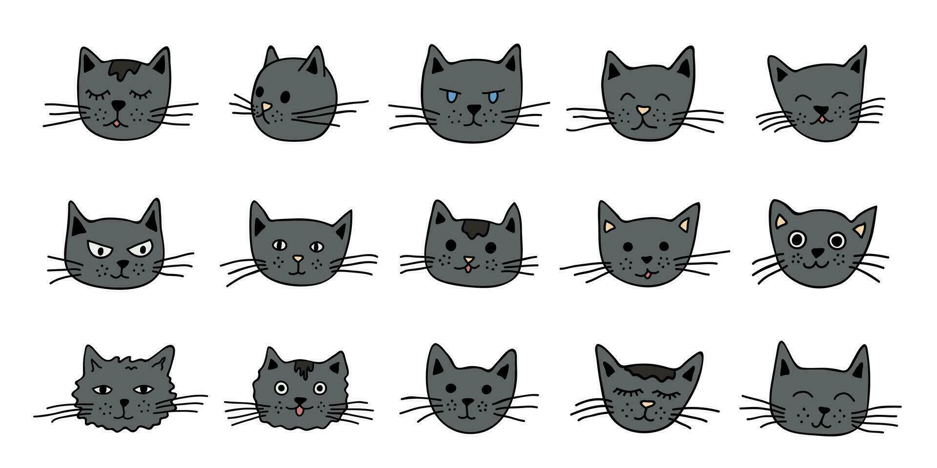 Hand drawn cat muzzle clipart. Cute pet face doodle set vector
