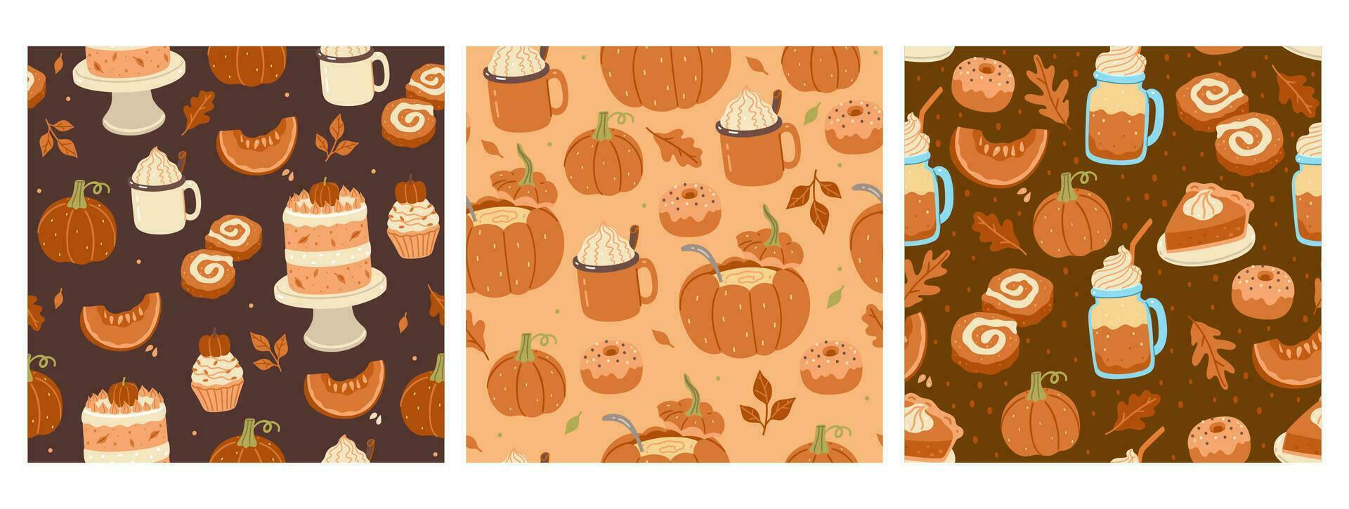 Collection of seamless autumn patterns with pumpkin drinks and food. Vector graphics.