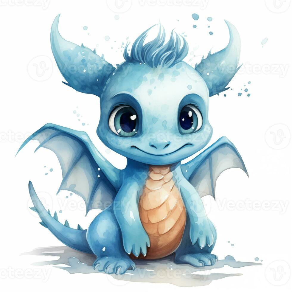 Cute watercolor little dragon baby illustration isolated clipart character. Generative AI photo