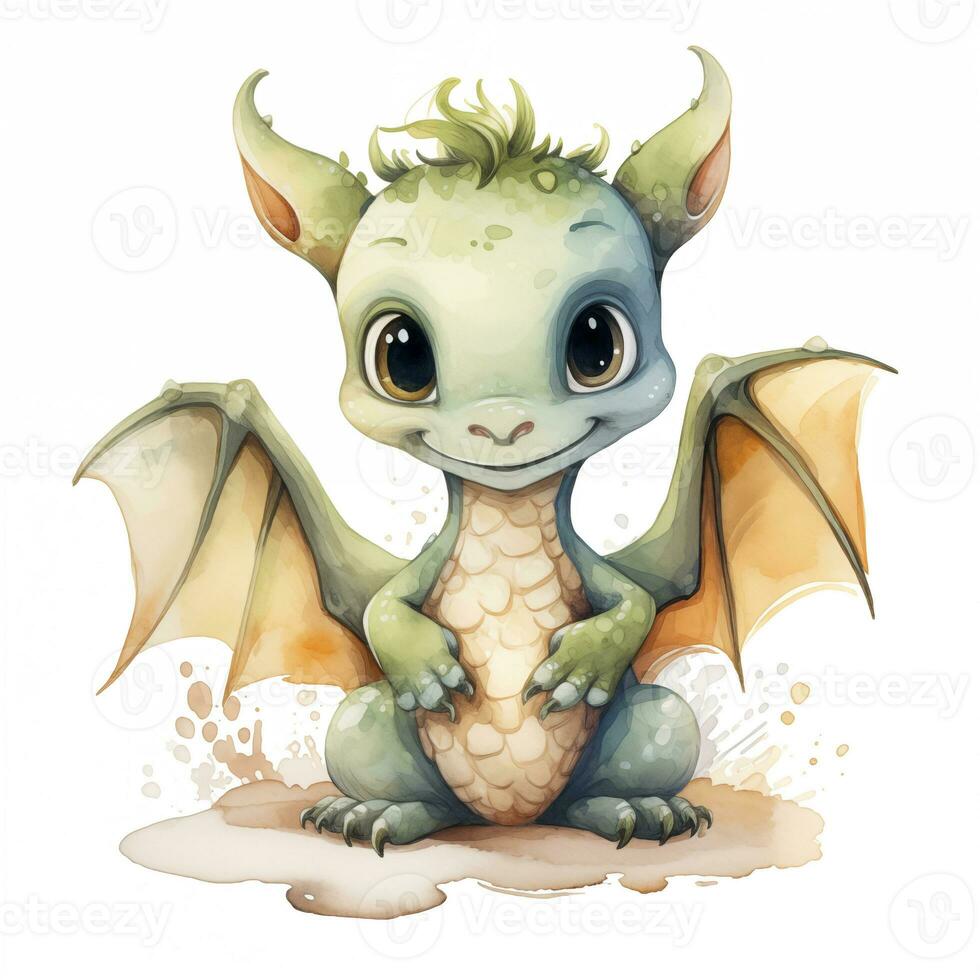 Cute watercolor little dragon baby illustration isolated clipart character. Generative AI photo