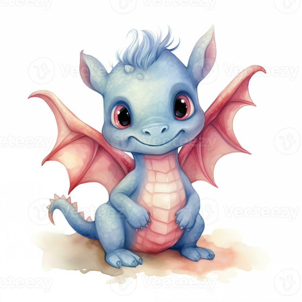 Cute watercolor little dragon baby illustration isolated clipart character. Generative AI photo