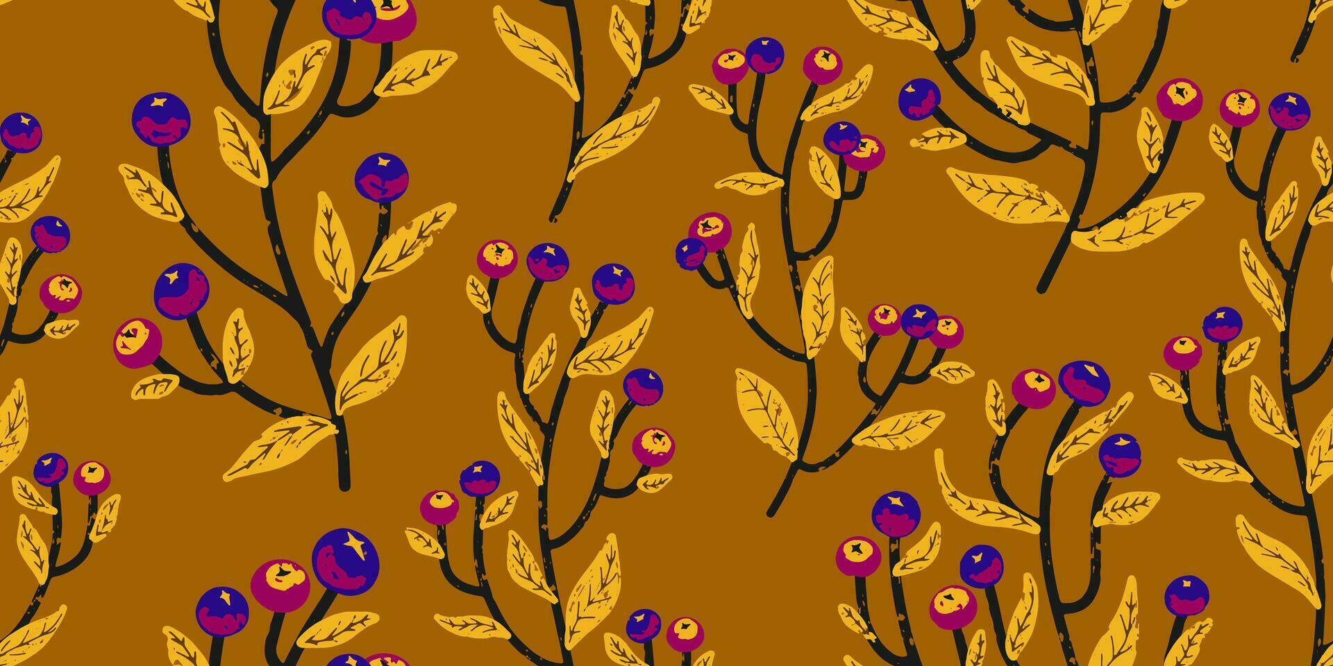 a pattern with purple and blue flowers on a brown background vector