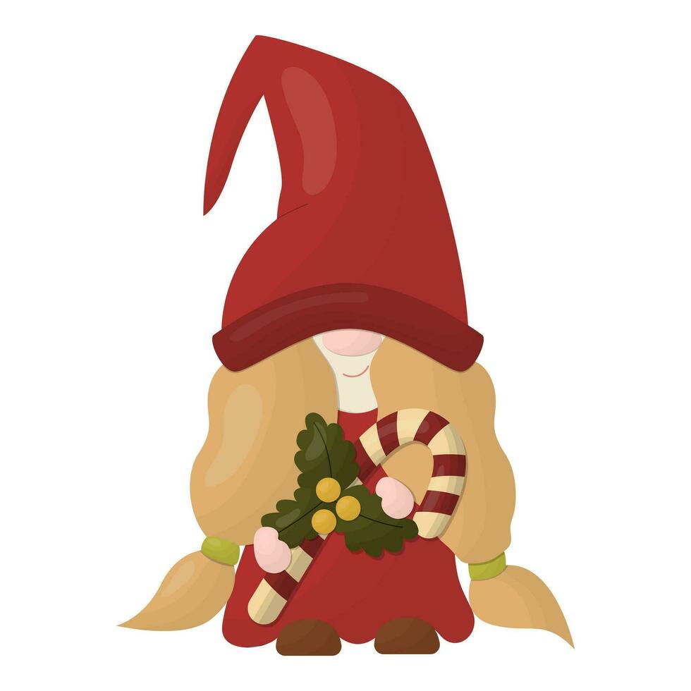 A Christmas gnome holds a candy. Vector illustration on a white background.
