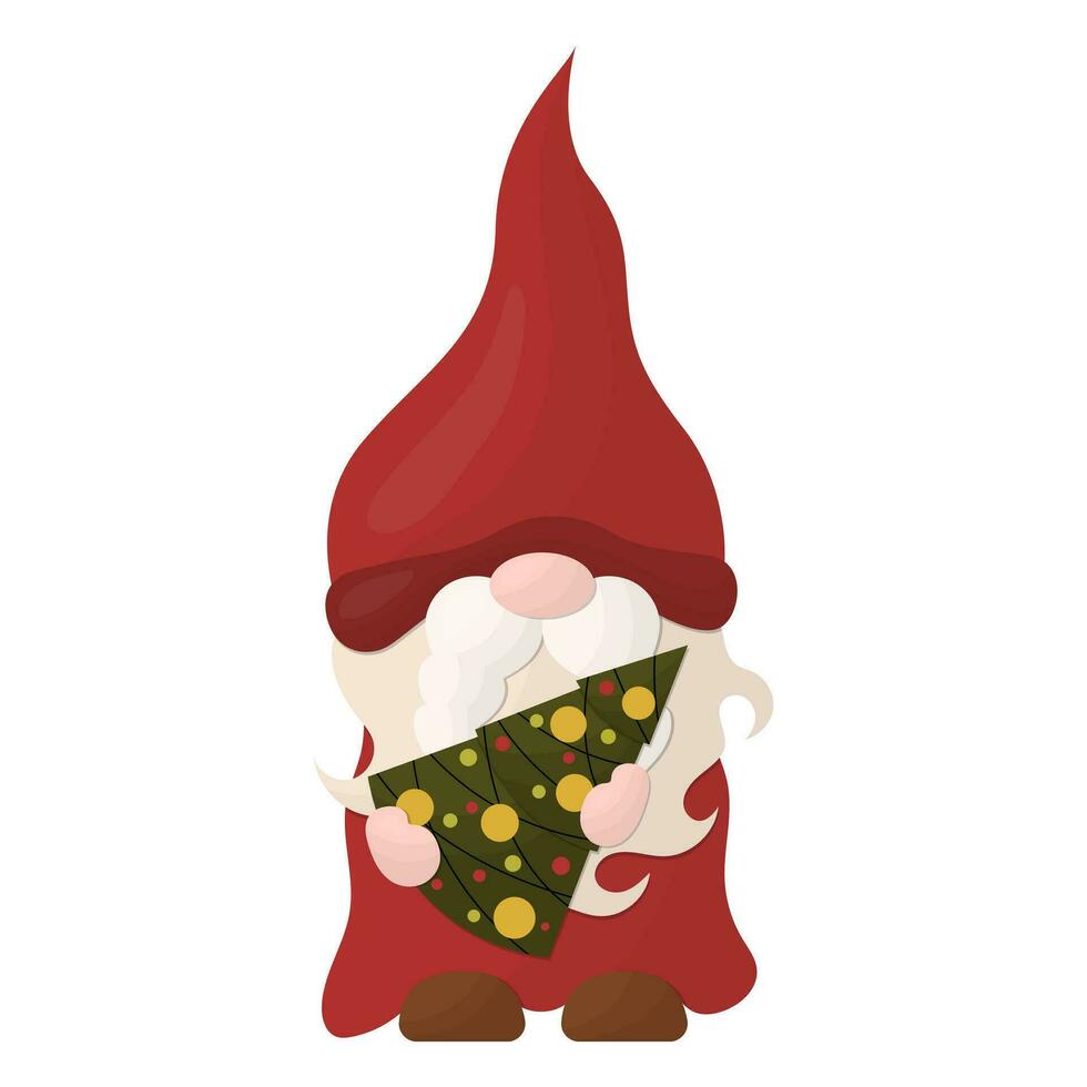 A Christmas gnome holds a Christmas tree. Vector illustration on a white background.