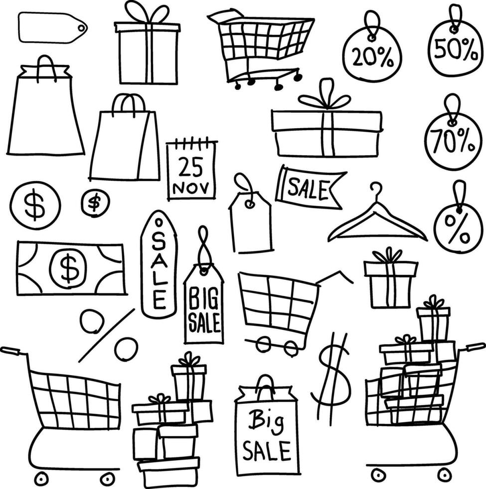 Black Friday icon pack. Basic outline icon set of shopping sale. Shopping, shop cart, dollar money sign, sale sign, discount price vector hand drawing icon sheet.