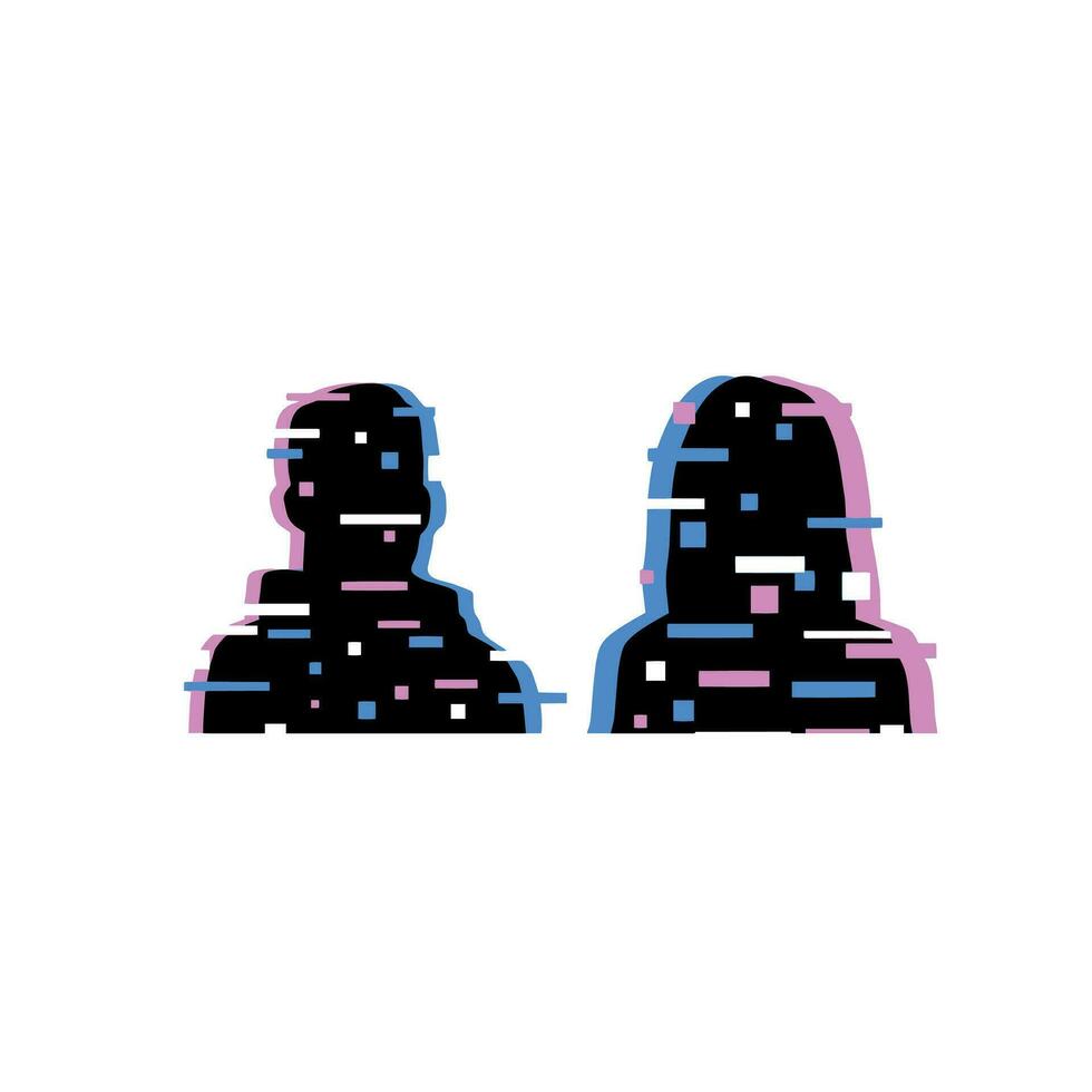 Distorted Glitch Avatar. Digital Silhouette of people. Retro glow VHS effect Human. Cyber profile of computer user. Anonymous hacker avatar isolated on white background vector