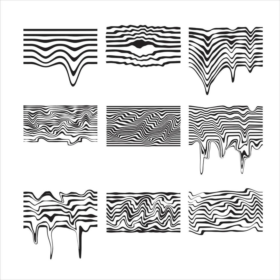 Melted Glitch Stripe. Abstract melting line drip distortion. Psychedelic wavy surreal element. Geometric wave curve effect isolated on white background vector