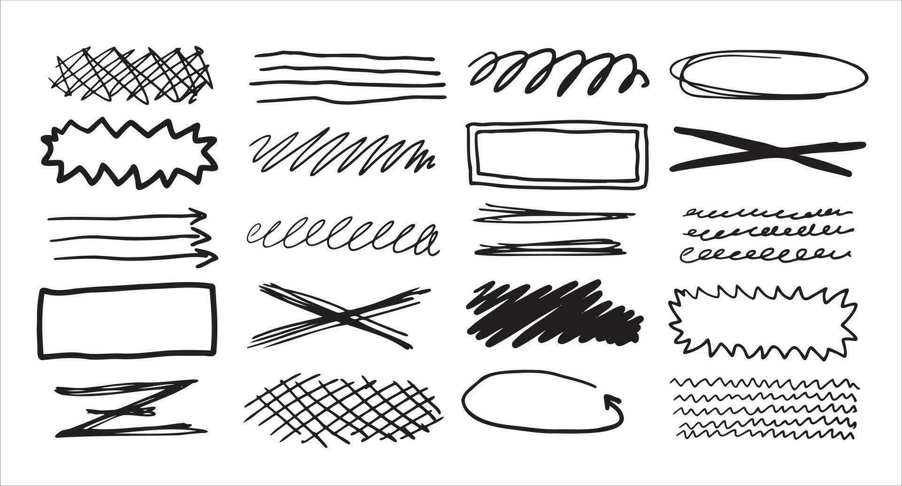 Set of doodle crosses, swirls, broken lines and arrow. Hand-drawn geometric shapes. Abstract sketch symbols. vector
