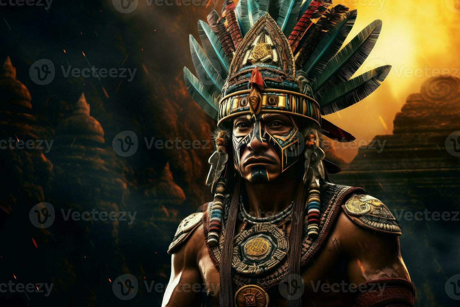 Aztec strong man old pyramid. Generate AI photo