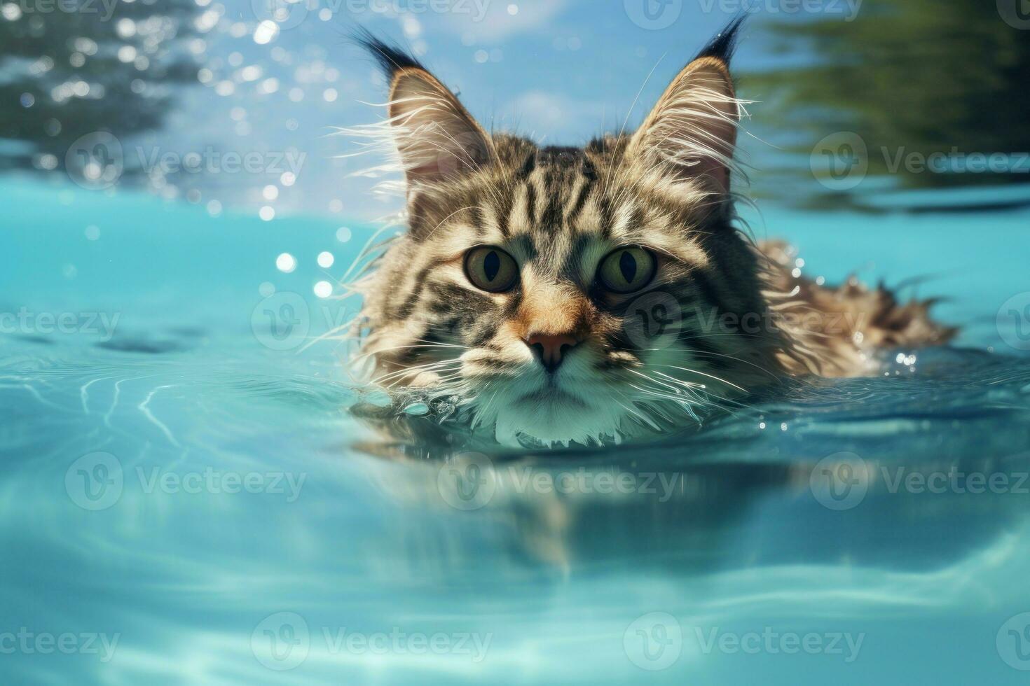 Playful Cat summer swimming pool party. Generate Ai photo