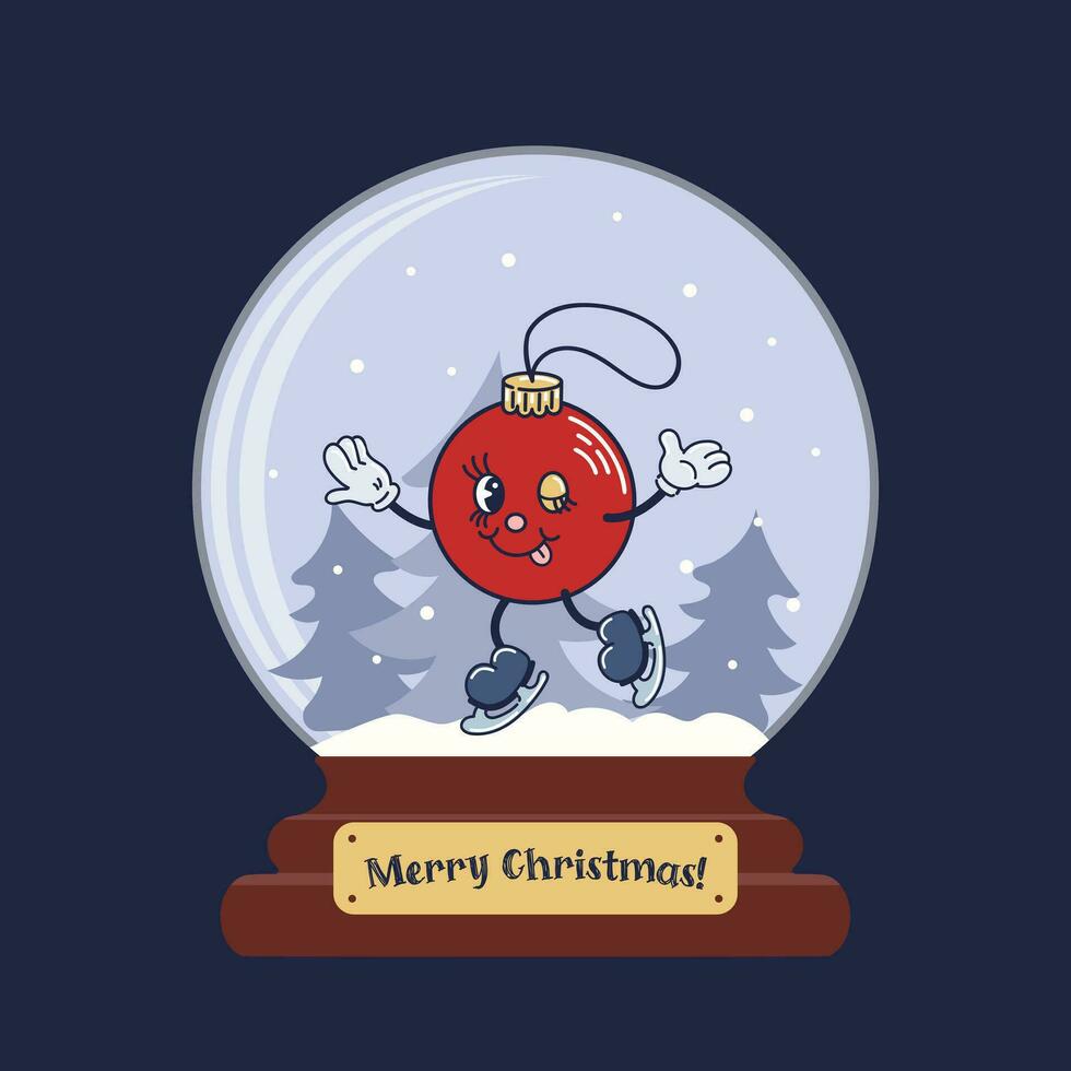 Glass ball with snow. Merry Christmas ball is skating. Cute character in old retro cartoon style. Vintage holiday vector illustration for sticker, poster, design elements.