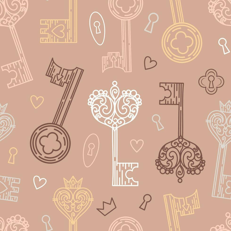 Vintage seamless pattern of keyholes and locks in Gothic style. Filigree, heart with crown, floral motif, leaves and herbs. Magical items, fantasy, boho. Halloween, Valentines Day. witchcraft. vector