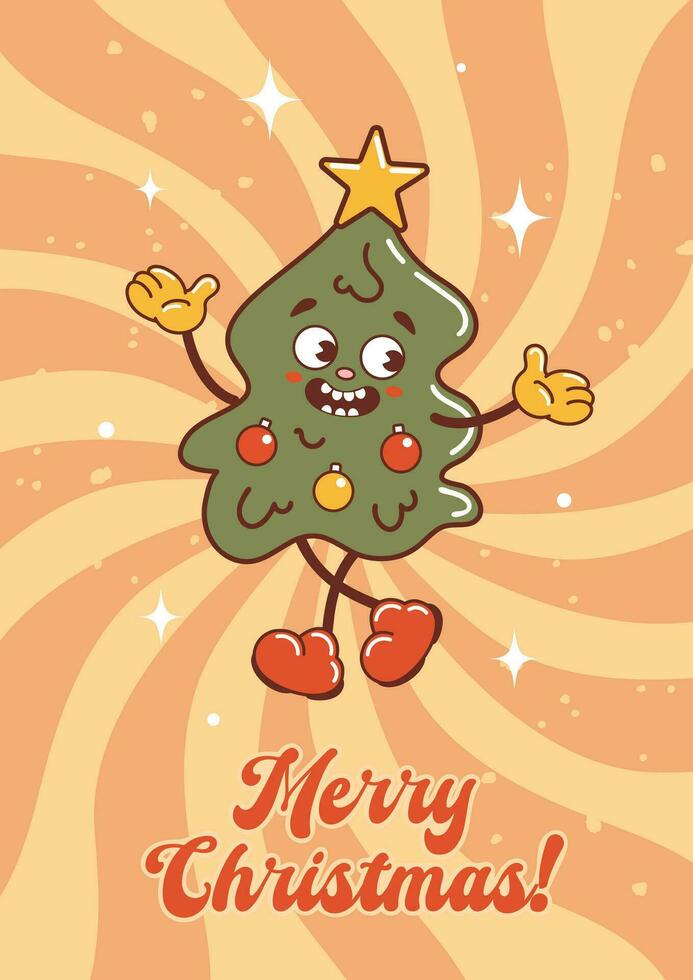 The Christmas tree is dancing and laughing. Cute character in old retro cartoon style. Christmas balls, star. Vintage holiday illustration for sticker, poster, design elements vector