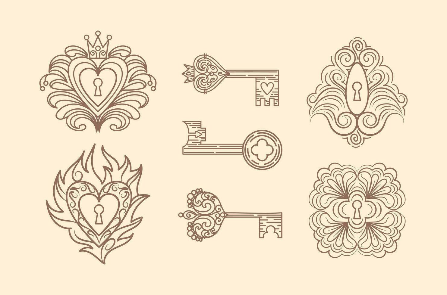 Vintage set of keyholes and locks in Gothic style. Filigree, heart with crown, floral motif, leaves and herbs. Magical items, fantasy, boho. Halloween, Valentines Day. witchcraft. For logo, stickers vector