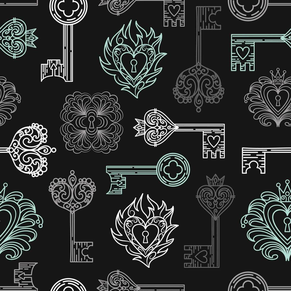 Vintage seamless pattern of keyholes and locks in Gothic style. Filigree, heart with crown, floral motif, leaves and herbs. Magical items, fantasy, boho. Halloween, Valentines Day. witchcraft. vector