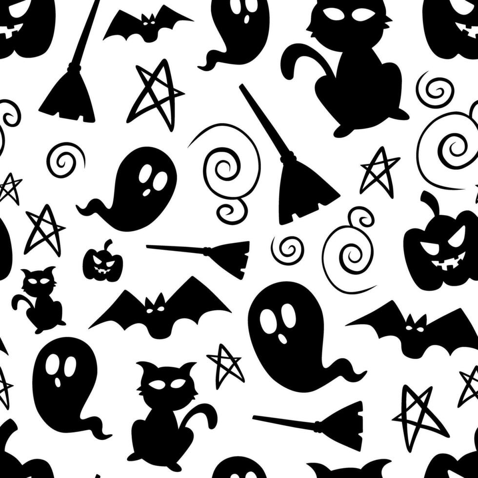 Halloween Black Silhouette seamless pattern. Design for paper, covers, cards, fabrics, background and any. Vector illustration about Holiday.