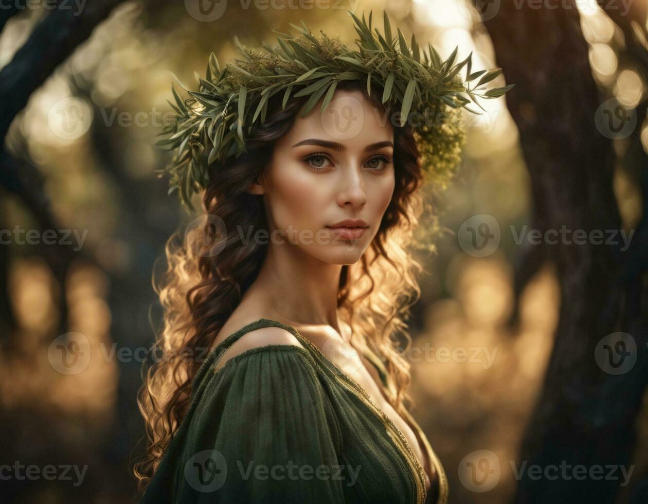 Young woman wearing a traditional olive wreath. AI generation photo