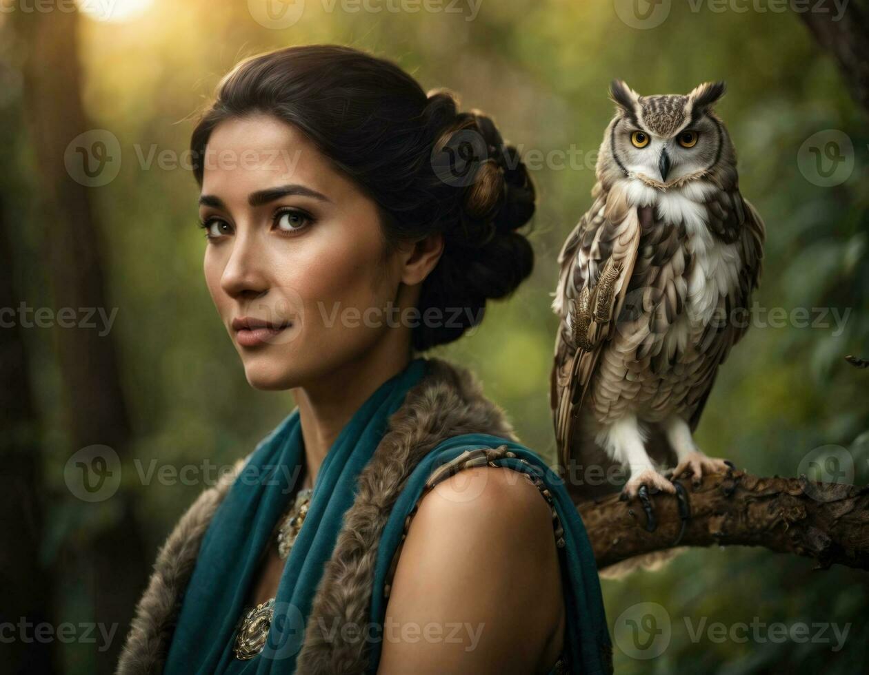 Portrait of a young woman with an owl. photo