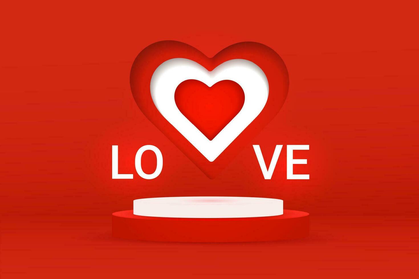 San Valentín día realista 3d podio con papel cortar rojo y blanco corazón amor. enamorado texto yo amor usted mínimo escena para presentación y escaparate productos, saludo tarjeta, bandera, web.vector resumen vector