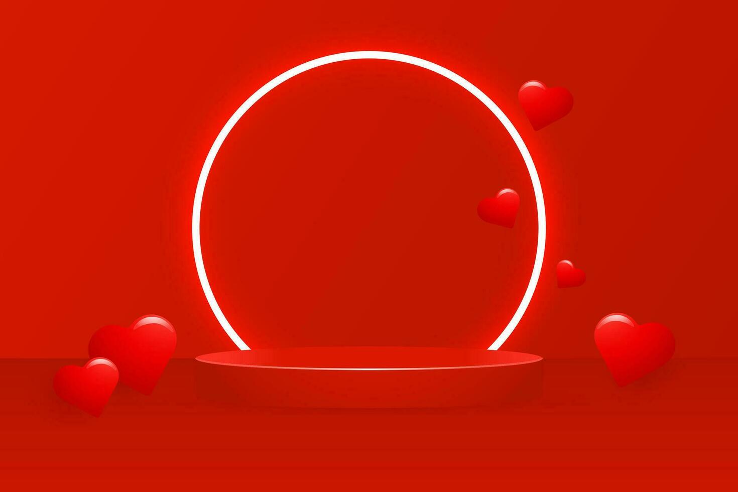 Valentine's Day 3D backdrop featuring a lifelike 3D platform adorned with glowing white neon circle and dimensional red hearts. Vector template discounts with a love-themed concept for Valentine's