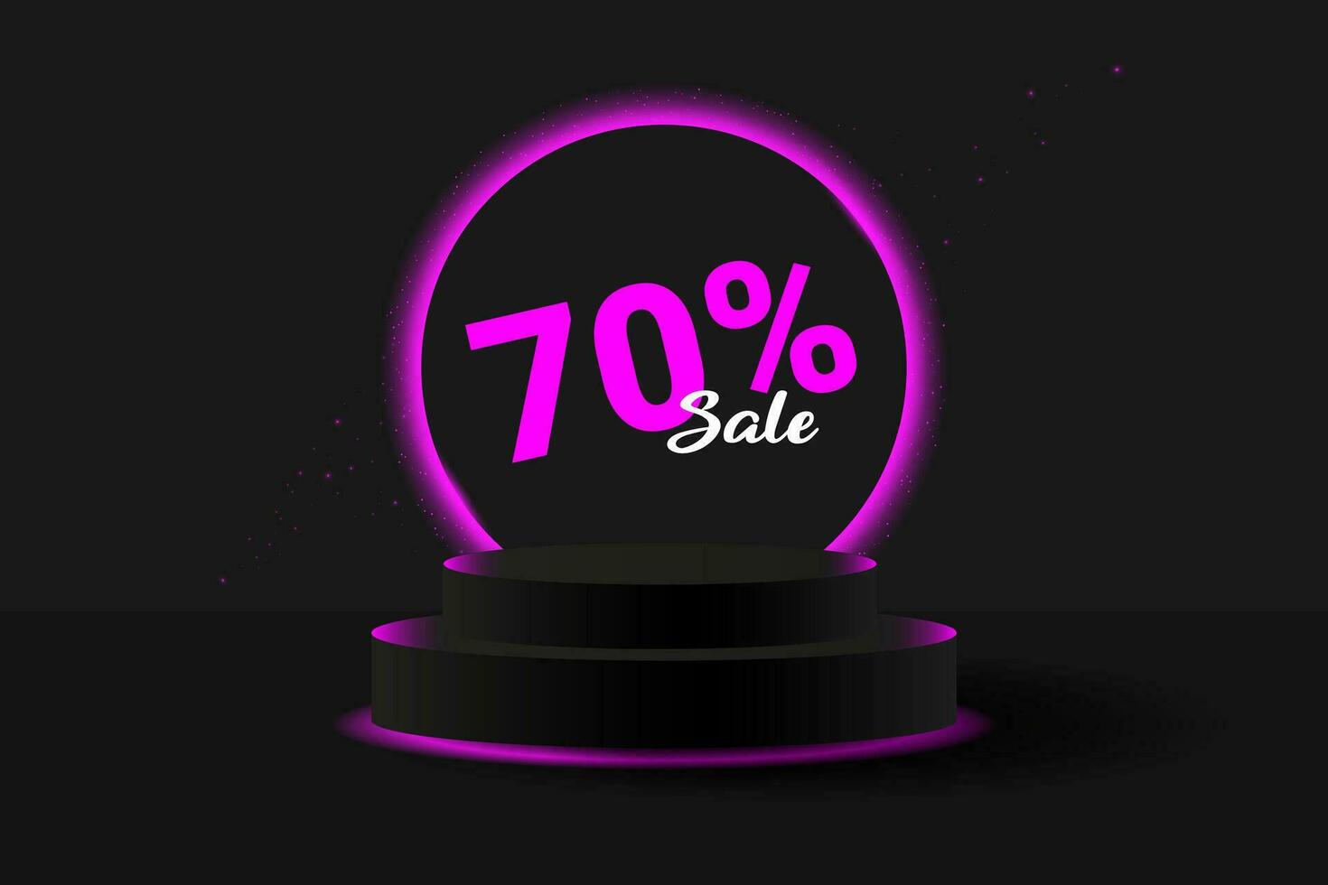 Black 3D podium with glowing pink neon circle and glitter. Banner for demonstrating products, promotions, discounts, sales. Product mockup.Black Friday super sale 70 neon podium. vector