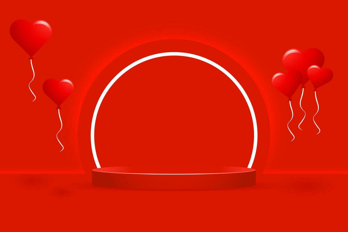 Neon glow 3D Red Valentine's Day podium and a red balloon and a white ribbon. Abstract geometric forms. Vector template discounts with a love-themed concept for Valentine's Day. Abstract geometric.