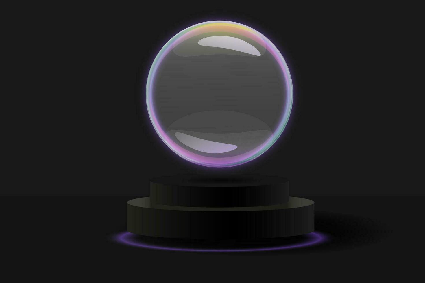 Black podium with neon lighting and soap bubble on a black background for displaying products, mega sales, promotions, black friday, cyber monday, banner. vector