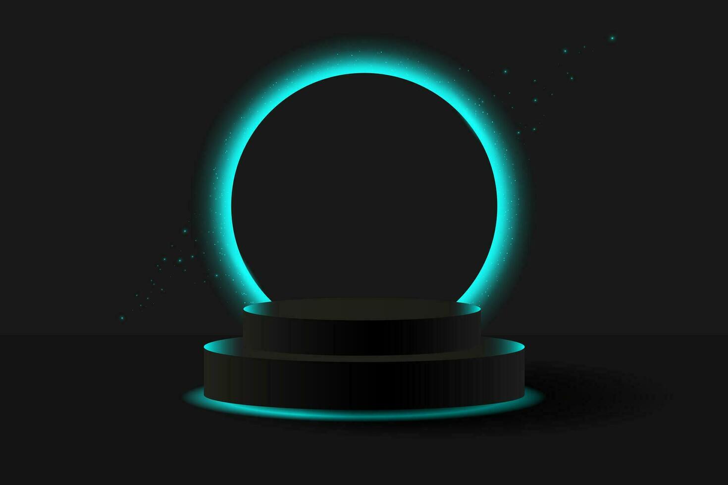 Black 3D podium with glowing neon circle and glitters. Banner for demonstrating products, promotions, discounts, sales, black Friday. Mockup for a product. Banner with a neon scene. vector