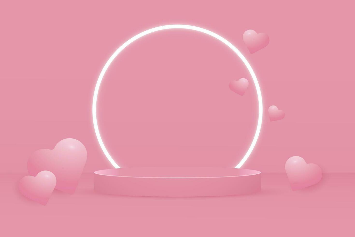 3D pink podium for Valentine's Day with neon glow and dimensional pink hearts.. A vector template for presenting products, promotions, and shopping with a Valentine's Day love theme.Abstract geometric
